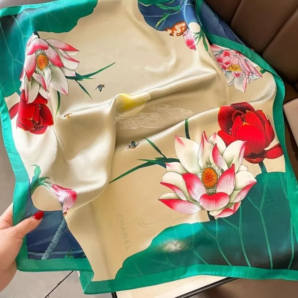 Floral scarf with green and gray lotus Design